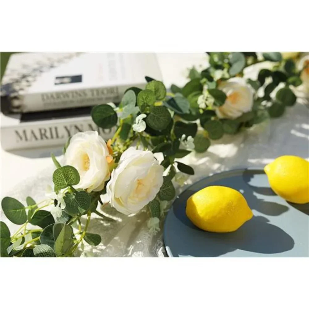 2 Pack 13Ft Artificial Eucalyptus Flower Garland with Fake Rose (Champagne)